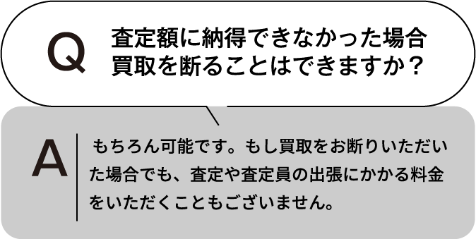 査定額に納得できなかった場合、買取を断ることはできますか? もちろん可能です。もし買取をお断りいただいた場合でも、査定や査定員の出張にかかる料金をいただくこともございません。